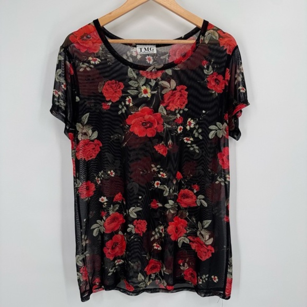 Y2K Vintage Sheer Mesh Top Womens L Black Red Rose Floral Whimsigoth‎ Romantic